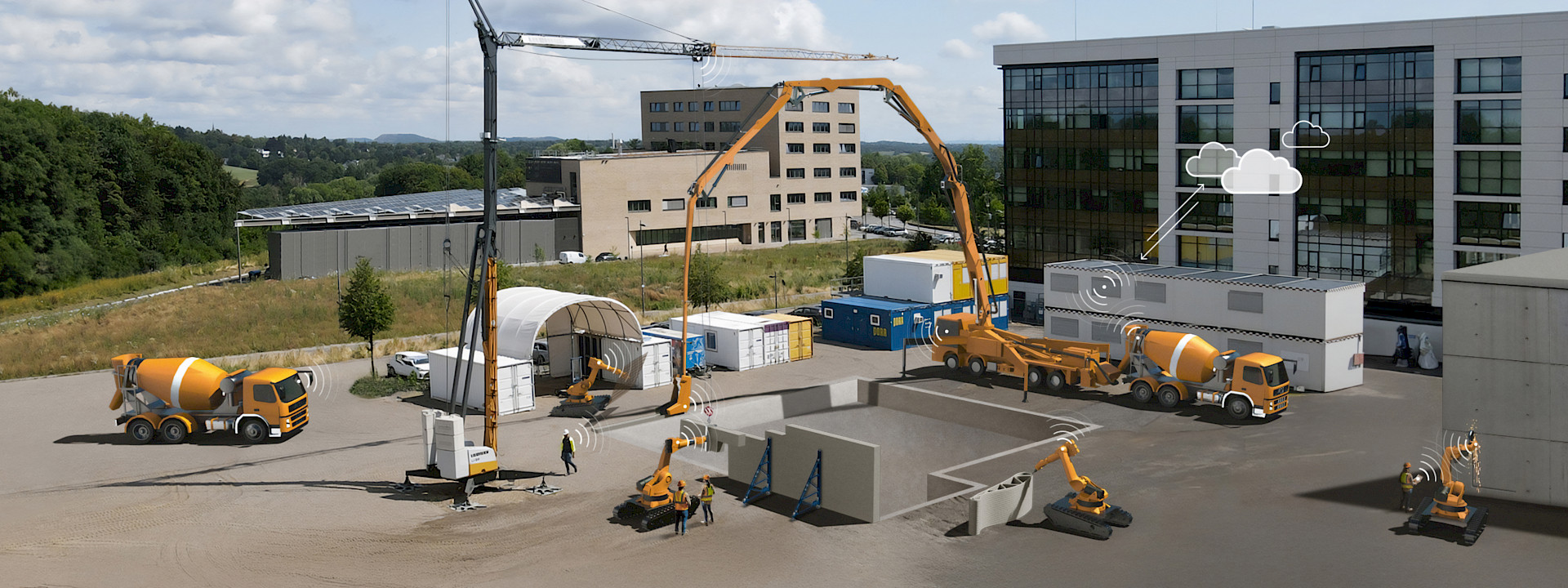 A construction site with numerous construction machines such as cranes, concrete mixers, and robots, all digitally connected and communicating with each other.