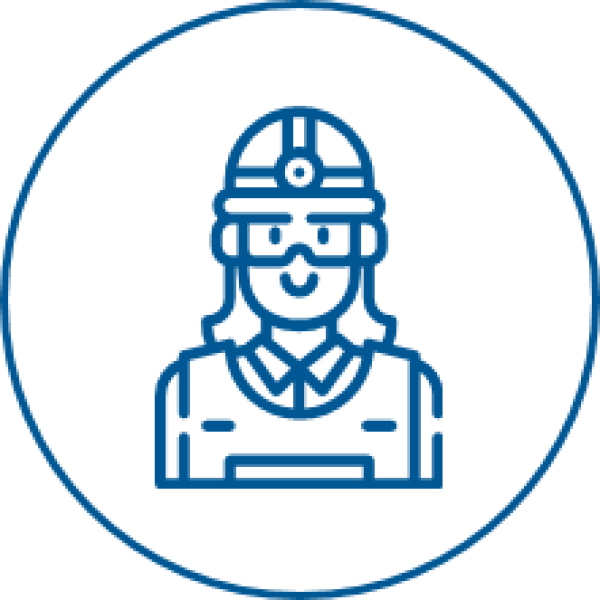 Drawing of a woman in work clothes with hard hat and safety goggles