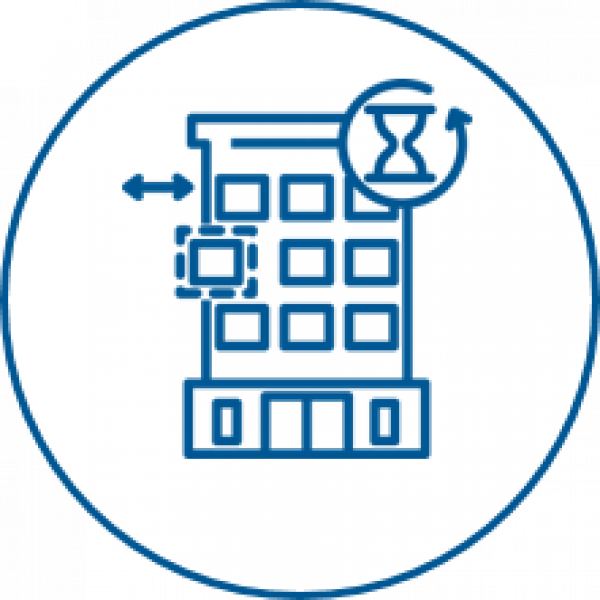 Drawing of a building with an hourglass in the top right corner in the foreground and an removeable modular element